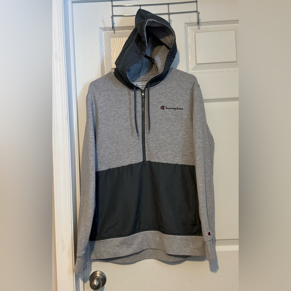 Champion 1/4 Zip Hoodie Jacket Gray Fleece Men’s Size Large Sweatshirt Pull On